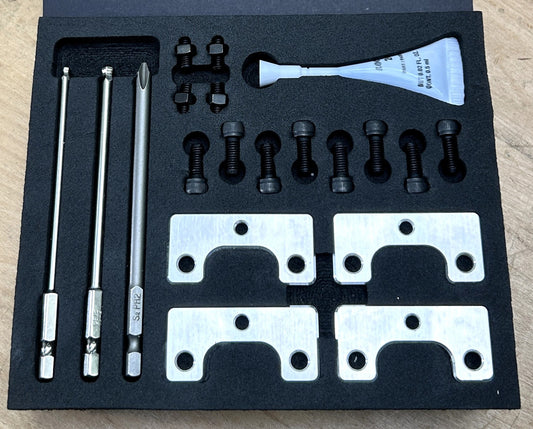 Planer Snipe Fix Kit for DeWalt DW735: 4 roller adjustment brackets, set screws, bolts, Loctite 242 and driver bits in a foam case